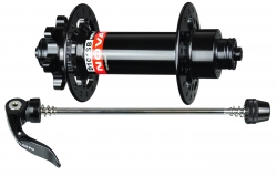 Hub front D101SB-QR MULTI axle, polished anodized black, 32h, Axle CrMo 9x143x135, 2xNBK Bearings, black side caps, Novatec logo, with QR279F-151,5mm, OEM